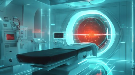 Poster - A high-tech medical room showcases a sleek examination table and holographic scanning device. The glowing walls create an advanced atmosphere, suggesting cutting-edge healthcare technology at work.