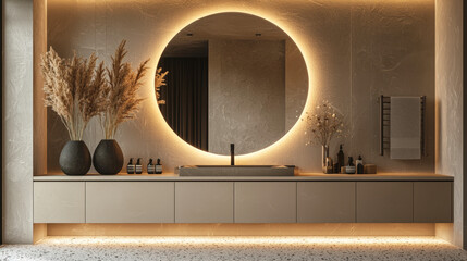 Poster - A sleek bathroom showcases a large circular mirror with soft lighting, complemented by decorative vases and minimalist design elements