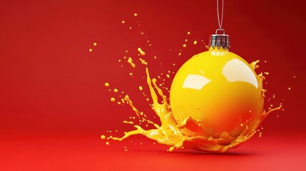 Bright yellow Christmas ornament splashing paint on a vibrant red background, showcasing a playful and festive vibe, ideal for holiday themes and decorations