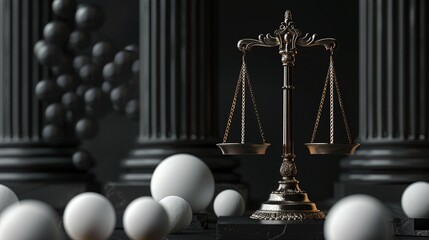 Retro balance scales near black columns with spheres image copy space. Court proceeding abstract composition banner background blurred. Justice concept photography copyspace