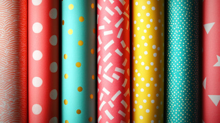Aufkleber - Multiple rolls of wrapping paper in vibrant colors and patterns are neatly arranged, perfect for gift wrapping or creative projects