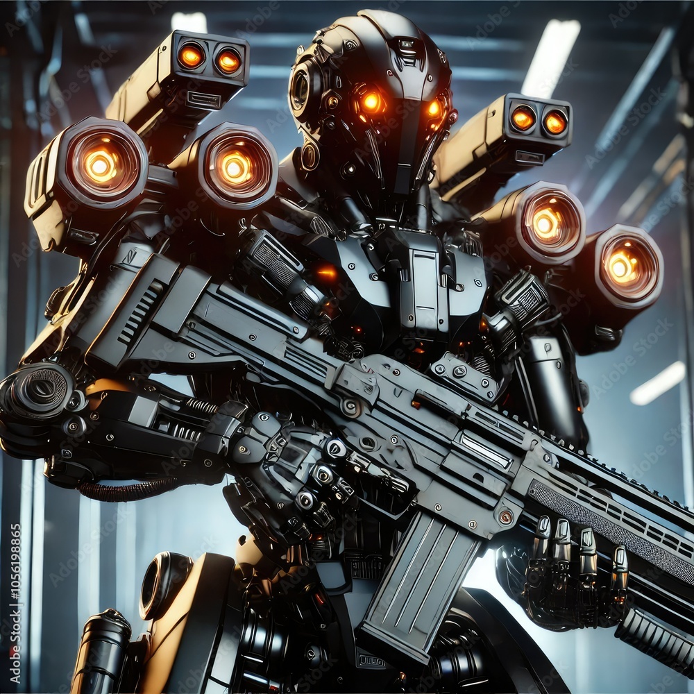 Powerful combat robot holding a rifle with glowing orange lights in a ...