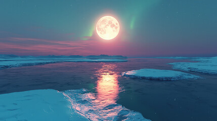 Aufkleber - The full moon casts a silver glow over the frozen water, with vibrant northern lights dancing in the twilight sky, creating a magical atmosphere