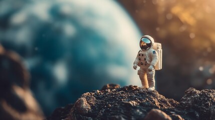 Wall Mural - A minimalistic image of a small astronaut figurine standing on rocky terrain with a blurred planet in the background