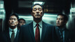 © Frank Gärtner - Korean businessmen exude confidence and leadership in sharp suits as they stand in a dark elevator, emphasizing teamwork in a bustling city with a cinematic touch