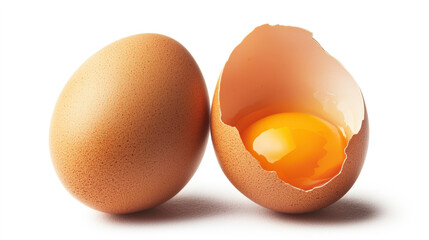 A cracked brown egg sits beside a whole one, showcasing the vibrant yellow yolk inside the shell against a clean background