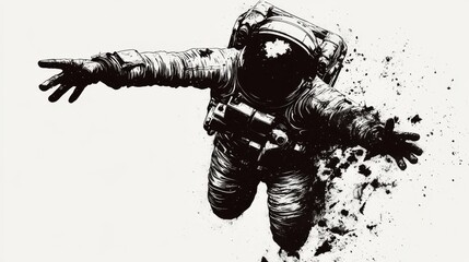 Wall Mural - An astronaut with outstretched arms floats in space, surrounded by a cloud of dark particles, depicted in a monochromatic style