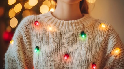 Close-up of a person wearing a cozy, knitted sweater adorned with colorful Christmas lights against a softly blurred festive background