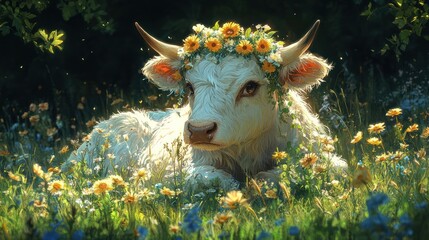 Wall Mural - A white calf with a flower crown lies in a field of yellow and blue wildflowers.