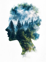 Silhouette of a Woman with Natural Green forest on a White Background. The Concept of Ecology.