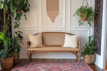 interior design, chic entry with rattan bench against soft wall color, adorned with vintage rug and hanging plants for a stylish touch