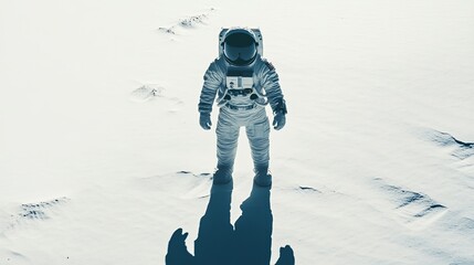 Wall Mural - A minimalistic image of an astronaut standing on a snowy surface, casting a long shadow
