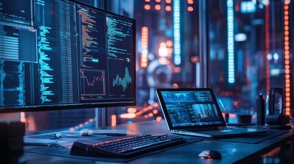High-tech workstation with data and coding on multiple screens