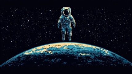 Wall Mural - An astronaut floats in space above the Earth, with a starry background and the planet's horizon visible