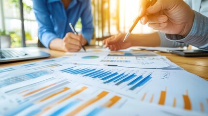 Close-up of two people working on a project, reviewing data and charts.