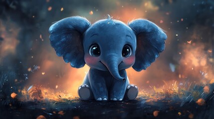 a cute cartoon baby elephant with big eyes and a gentle smile sits on a grassy knoll amidst glowing 