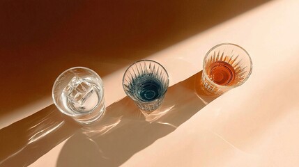   Three glasses sit on a white surface near a table, casting shadows on the floor