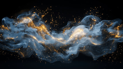 Whirling smoke and golden sparkles against a dark background, creating an elegant, magical effect with a sense of energy and mystery.