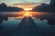 © ArtCookStudio - Sunrise over a serene lake with a wooden pier surrounded by mist and autumn leaves