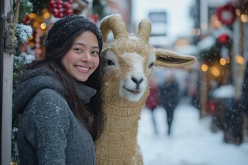 A woman in winter attire smiles as she poses next to a decorative goat figure in a festive, snowy Christmas setting with holiday lights and decorations in the background