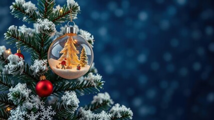 Snow globe with a festive Christmas tree inside, surrounded by glittering snowflakes and a starry night sky, holiday, Christmas