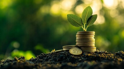 Stack of coins with a small plant symbolizing financial growth and sustainability