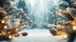 © IQ-Photography - Christmas background. Xmas tree with snow decorated with garland lights, holiday festive background. Widescreen frame backdrop. New year Winter art design, Christmas scene wide screen holiday border