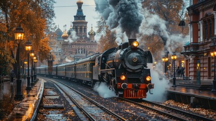 An old steam locomotive passage on rails is approaching the station