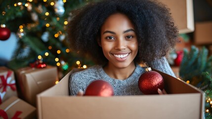 A cheerful woman holding a box with Christmas ornaments near a decorated tree, capturing the joy and warmth of the holiday season