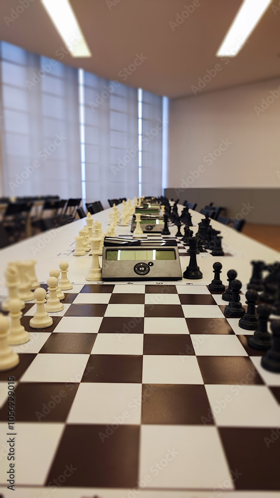 An empty hall with tables on which chess boards and timers are prepared ...