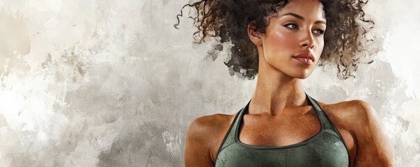 Watercolor painting of a determined and sporty woman with curly hair, wearing a sports bra, exuding strength and confidence against a textured background