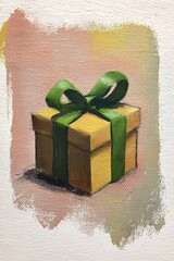 Christmas gift box with green ribbon hand painted in watercolor festive holiday illustration art celebration concept