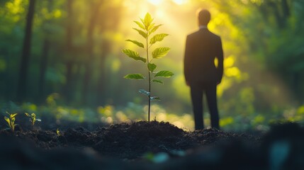 Businessman observing young tree growing in the forest, environmental sustainability, eco-friendly business, green growth, corporate responsibility, nature conservation, future development