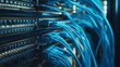 © alauli - Closeup of blue ethernet cables plugged into a server rack. Concept of data, internet, technology, network, connection, and communication.