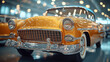 © Mark - Front view of bright yellow retro car in automotive exhibition, chrome details, vintage classic vehicle, shiny showroom display, old luxury automobile, nostalgia, collector’s car, retro design