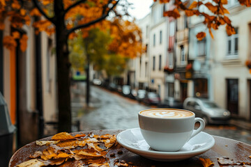 Warm coffee on a caf?(C) table, with the street filled with autumn colors. high quality