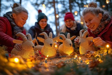 Wall Mural - A group of people joyfully decorating straw Yule goats with festive lights and ornaments outdoors, surrounded by holiday decorations and winter greenery