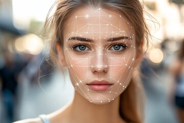 A close-up of a woman’s face with digital facial mapping technology during the day in an urban setting