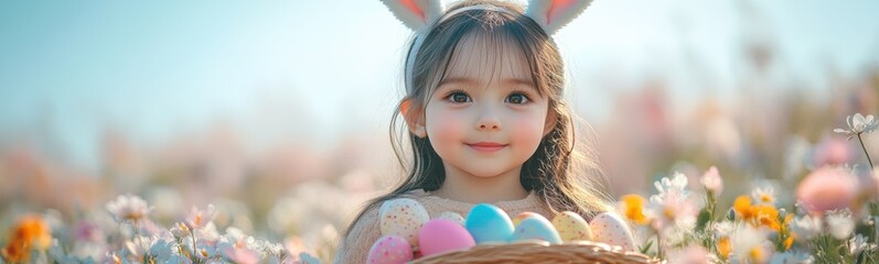 Little girl wearing bunny ears holding a basket of eggs, easter holiday