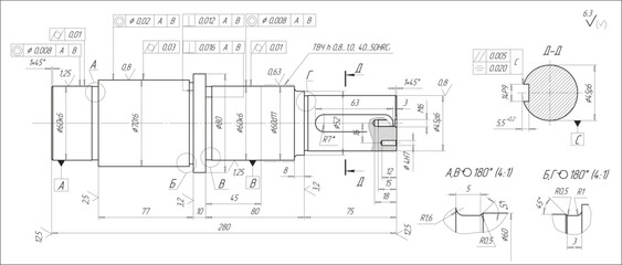 Wall Mural - assembly drawing of shaft of electrical reducer. vector design of steel mechanical device with dimen