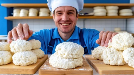 Smiling baker showcasing freshly made dough balls in a bakery, AI