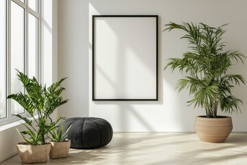 A black picture frame elegantly displayed in a bright interior mock-up, representing a template for wall art in 3D rendering