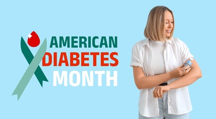 Wall Mural - Woman with glucose sensor measuring blood sugar level on blue background. Banner for American Diabetes Month