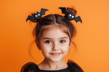 smiling young girl with bat hair accessories and orange festive outfit looking at camera perfect for children's halloween marketing campaigns