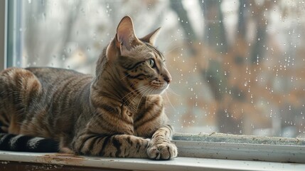 A sleek and graceful cat gazes out through a rain-spattered windowpane, reflecting curiosity, contemplation, and the gentle rhythm of raindrops cascading down the glass.