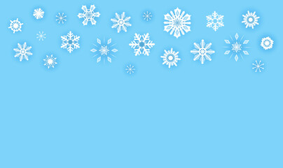 Wall Mural - Blue winter sky background with white snowflakes. Christmas vector frame and copy space. Holiday backdrop for banner, card, advertisement. Ornate snowflake border. Bright Xmas background.