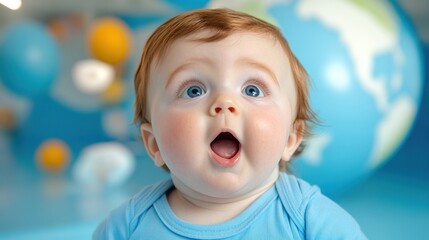 Baby with wide eyes and open mouth in a blue room with globe decor, AI