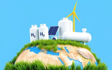 hydrogen gas station and wind turbines on earth, eco energy