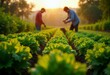 © STUDIO MELANGE - Farmers tending to fresh lettuce crops at sunset in a lush green field surrounded by trees