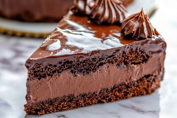 Delicious slice of chocolate cake with fudge topping, dessert close-up